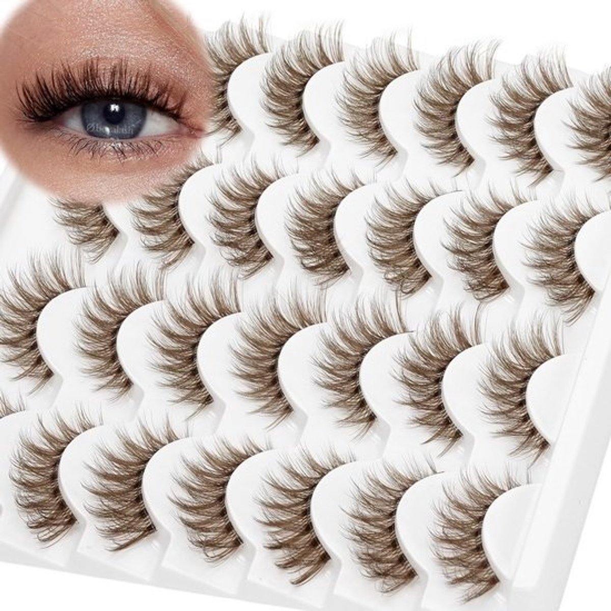 Natuurlijke Bruine Wimpern voor een Kattenoog Effect - Pluizige 3D Wimperextensions met Transparante Band