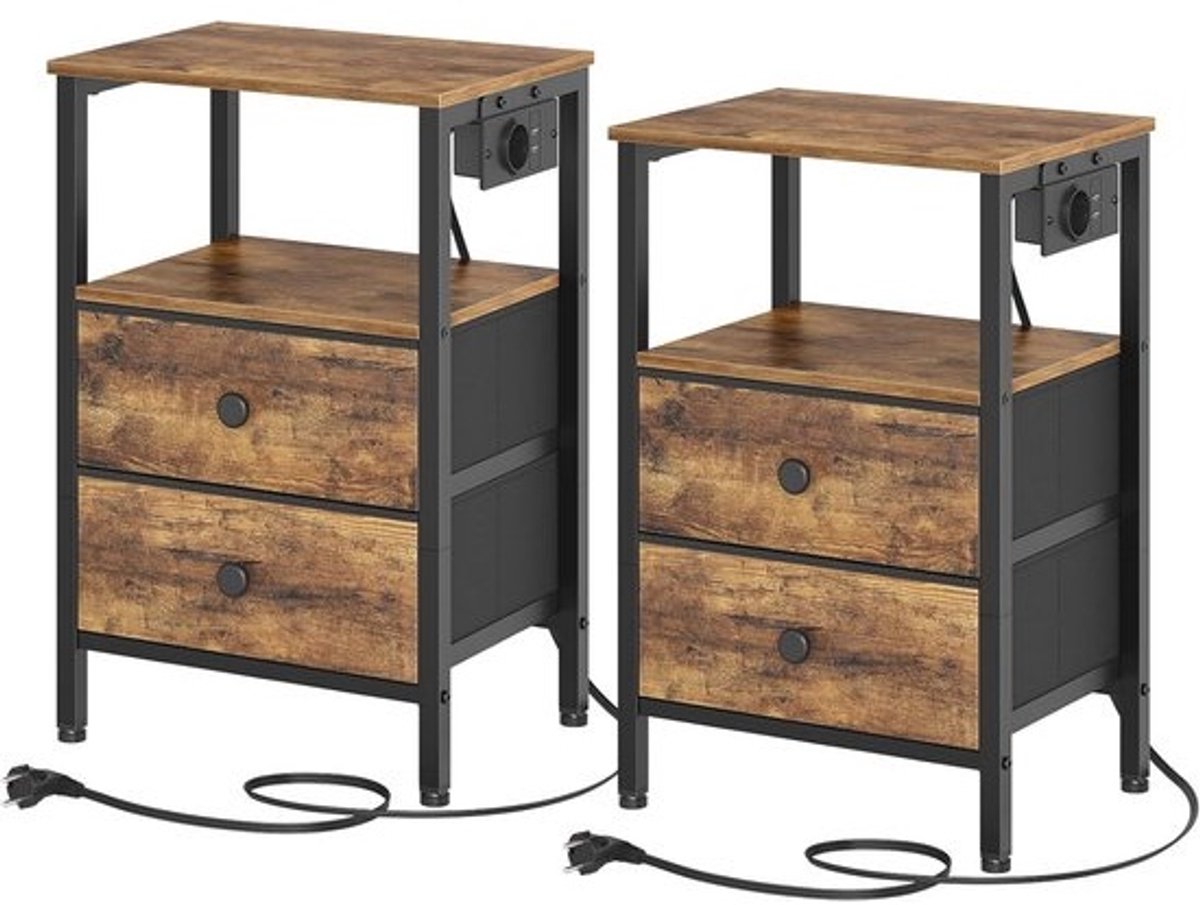 Nachtkastje met USB-laadstation en opbergladen - 2-pack