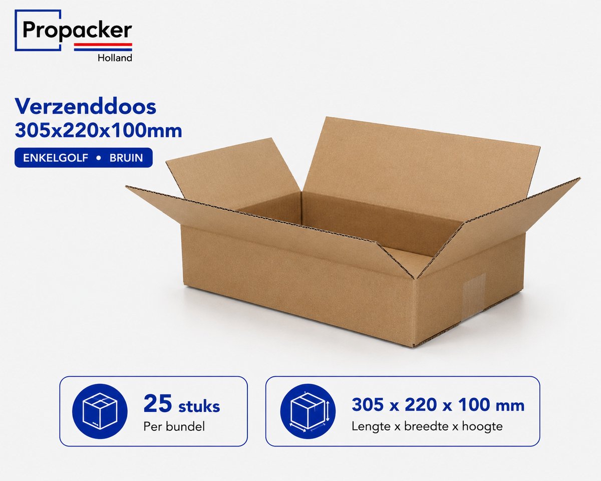Verzenddoos 305 x 220 x 100 mm – Enkelgolf Karton – FEFCO 0201 – Bruin – 25 Stuks - Propacker