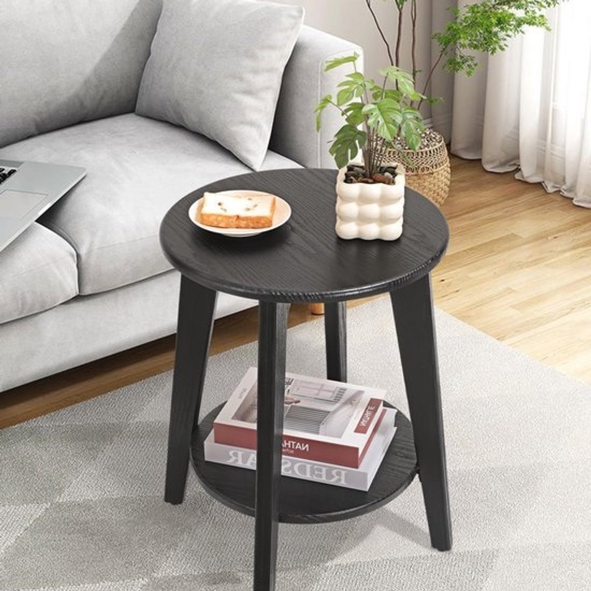 Ronde bijzettafel zwart 2-laags voor woonkamer en slaapkamer - Moderne accenttafel voor kleine ruimtes