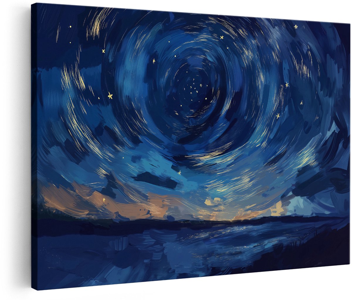 Artaza Canvas Schilderij Sterrennacht - 150x100 cm - Groot - Wanddecoratie Van Gogh - Muurdecoratie Landschap - Decoratie Nachtelijke Hemel - Blauw