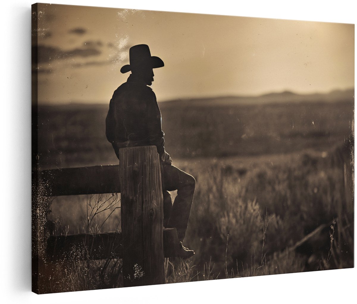 Artaza Canvas Schilderij Cowboy - 150x100 cm - Groot - Wanddecoratie Zonsondergang - Muurdecoratie Vintage - Decoratie Landschap Western