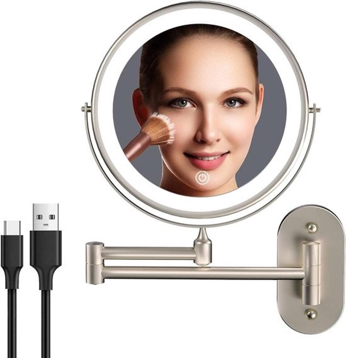 Oplaadbare USB Make-upspiegel met Licht - 8 inch Wandspiegel - 360° Dubbelzijdige Rotatie - 1X/10X Vergroting - Touchscreen Dimbaar - Badkamer Make-upspiegel met Verlengde Arm