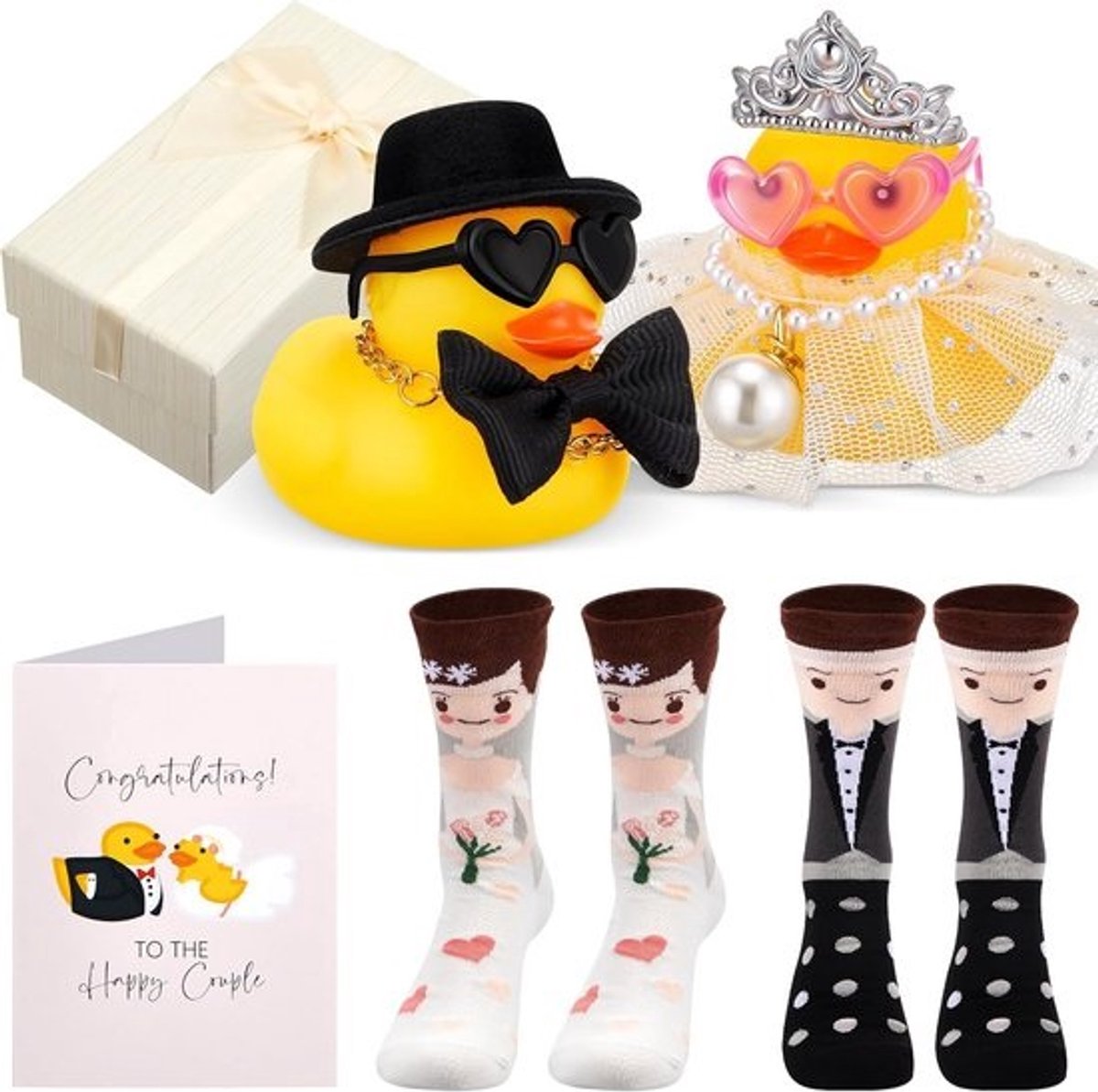 Origineel & Grappig Cadeauset voor Bruidspaar: Eenden, Bruiloftssokken en Wenskaart