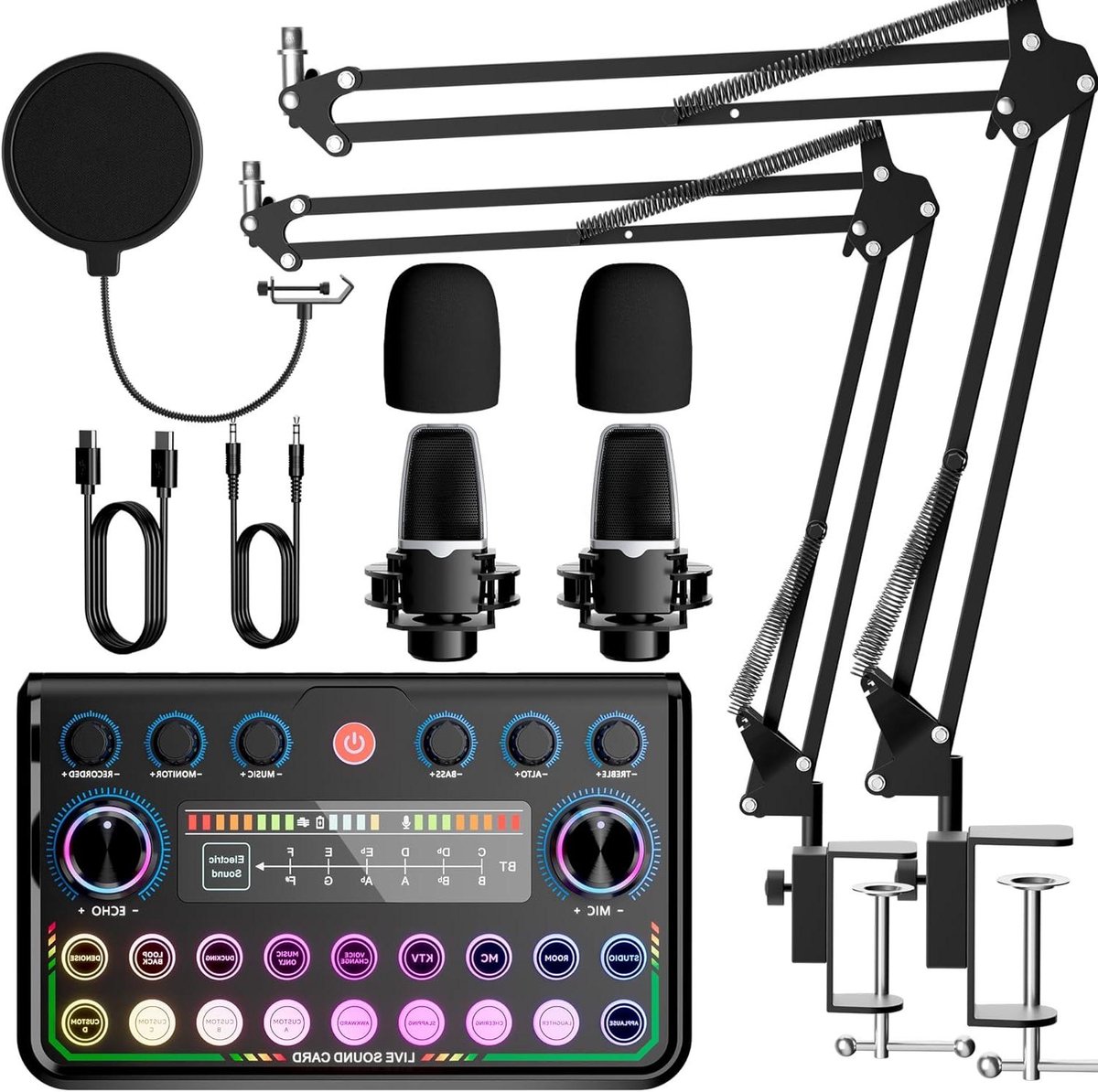 Podcast Set - Audio Interface - Live Streaming - Voor Twee Personen - 2 Microfoons - Zwart