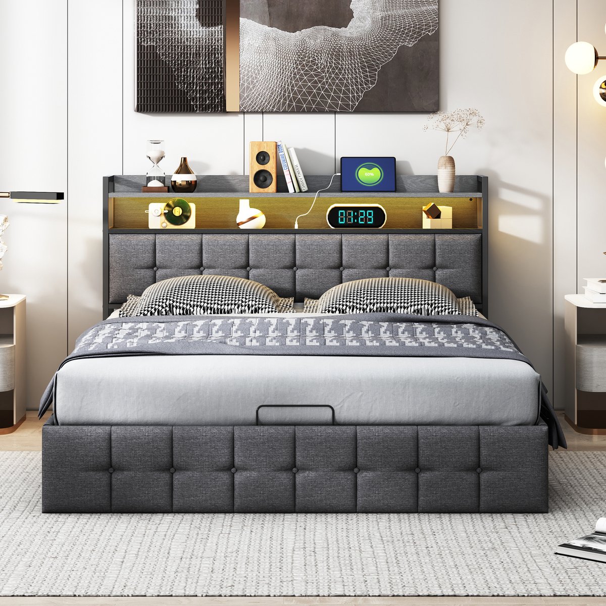 Tweepersoonsbed 160x200 cm, volwassen bed met LED en opbergruimte, gestoffeerd hoofdbord met vakken, opbergbed, linnen, grijs, zonder matras