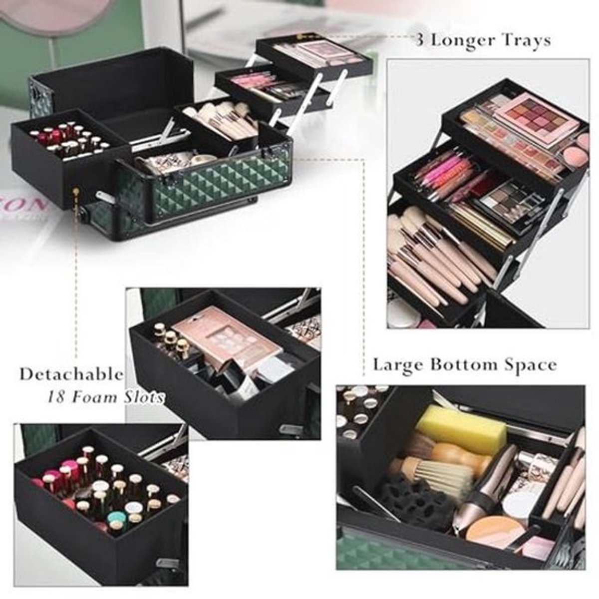 Donkergroene Make-up Trolley met Organisatie voor Cosmetica