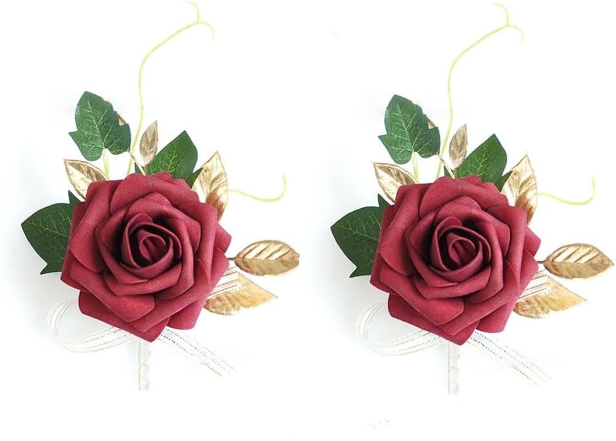 Elegante 2-delige Corsage Set met Kunstrozen voor Bruidsmeisjes en Bruiloften - Bordeauxkleurige Rozencorsage voor Feestelijke Gelegenheden