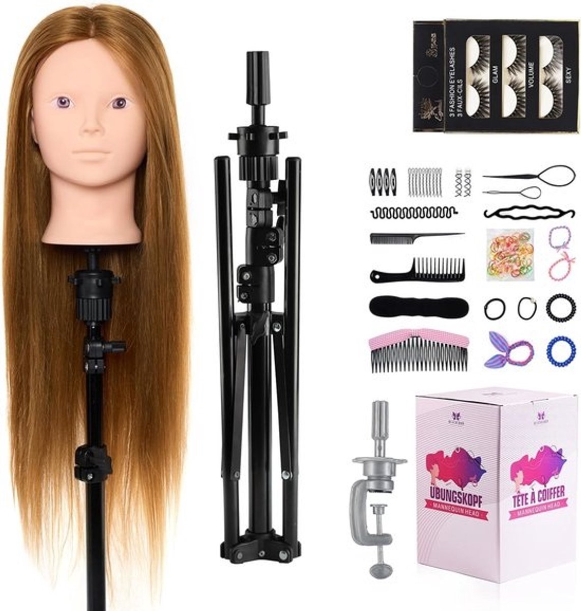 Kapperskop met statief, 60% echt haar, make-up oefenhoofd voor haarstyling en professioneel gebruik