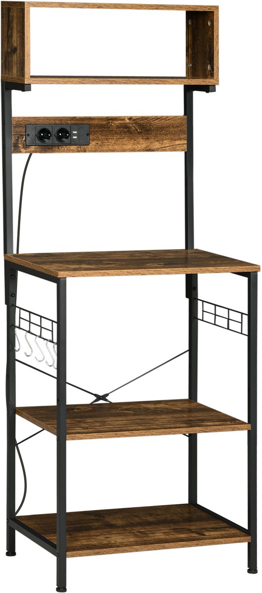 Keukenkastje met plank, magnetron, stopcontact, 2 USB-opladers, 5 haken, 60x42x153 cm, bruin