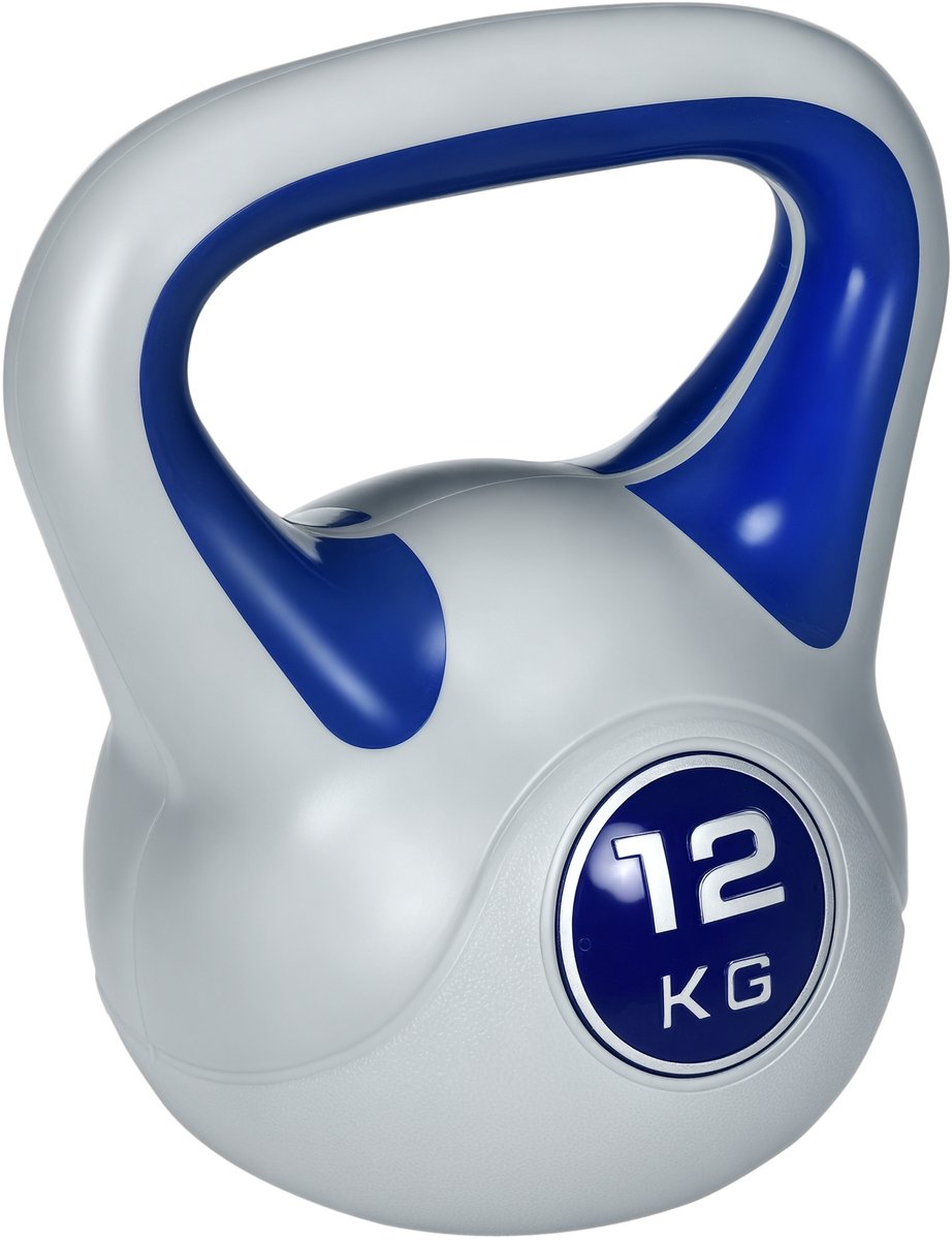 Kettlebell 12 kg, PU-gecoat en gevuld met zand voor krachttraining, 24x17x28 cm, donkerblauw en grijs.