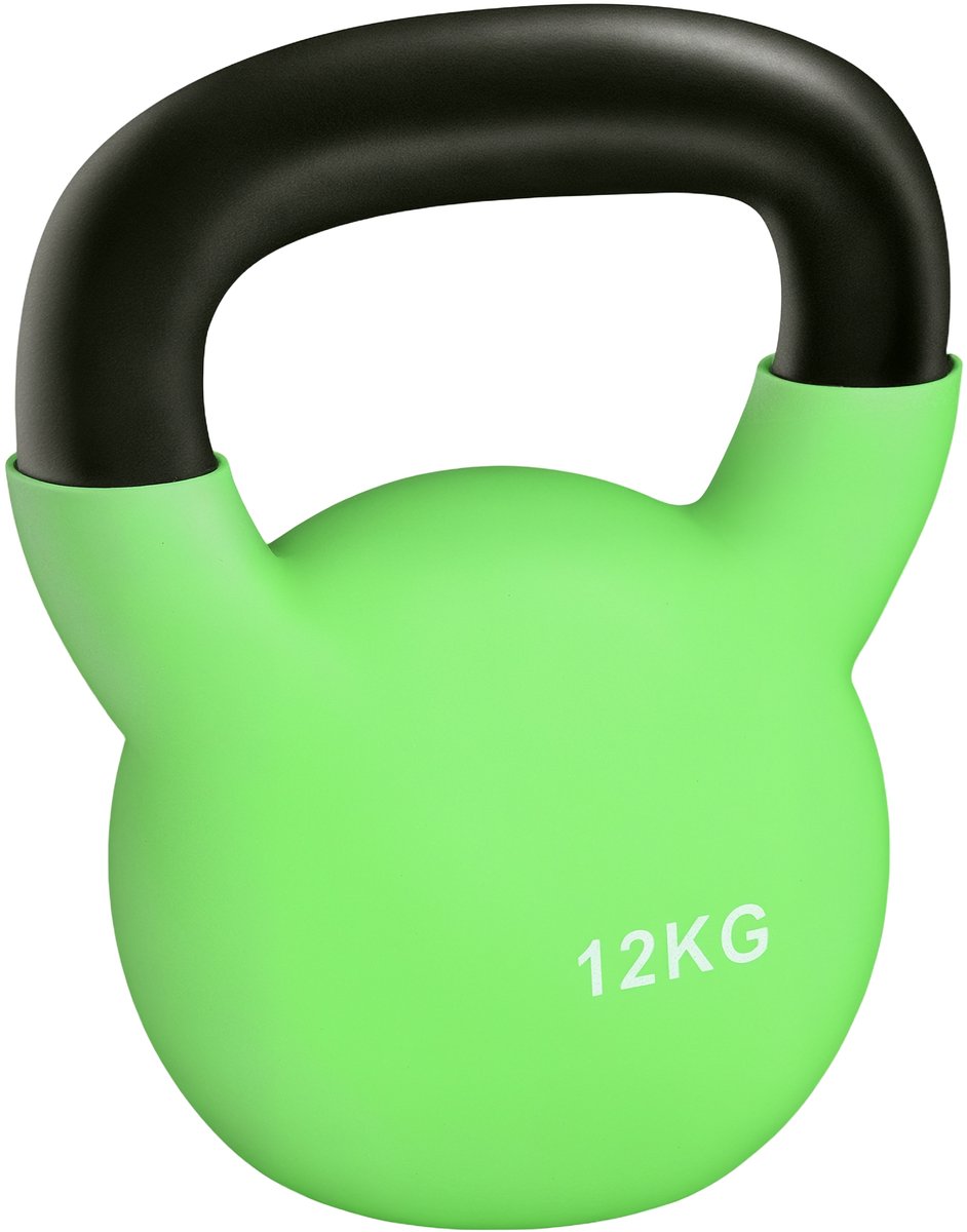 Kettlebell van gietijzer met neopreen coating, 12 kg, voor krachttraining, 20x13x23 cm, groen.