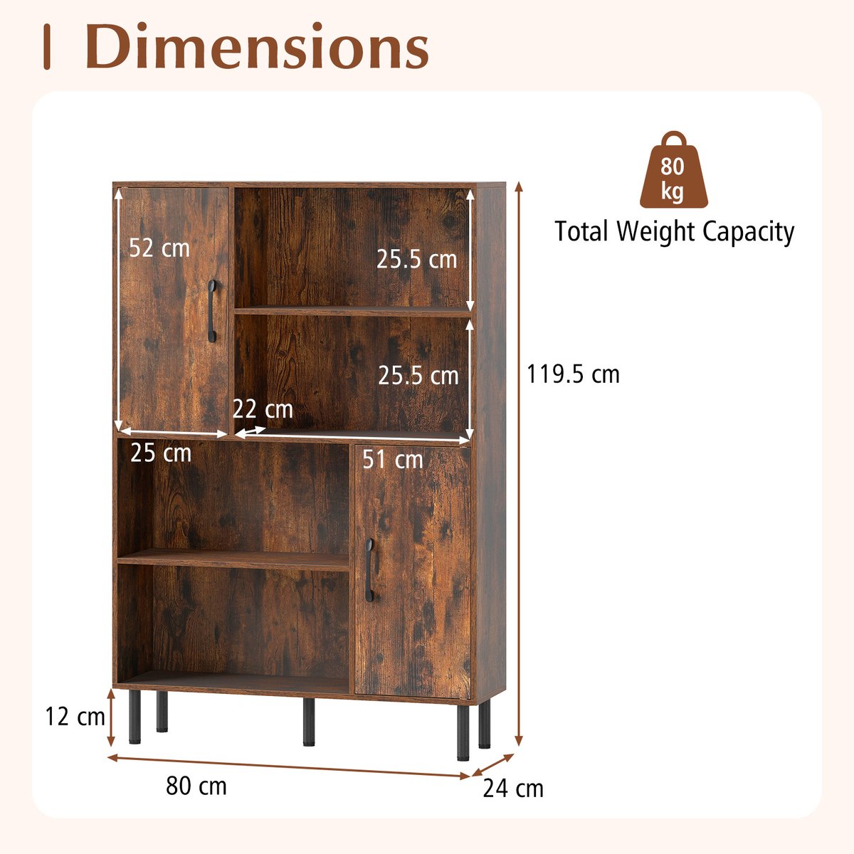 SureDeal® - Keukenkast - Dressoir Keukenkast - Open Vakken - Kasten - Deuren Commode - Metalen Poten - 84x24x119,5 cm - Koffiebruin