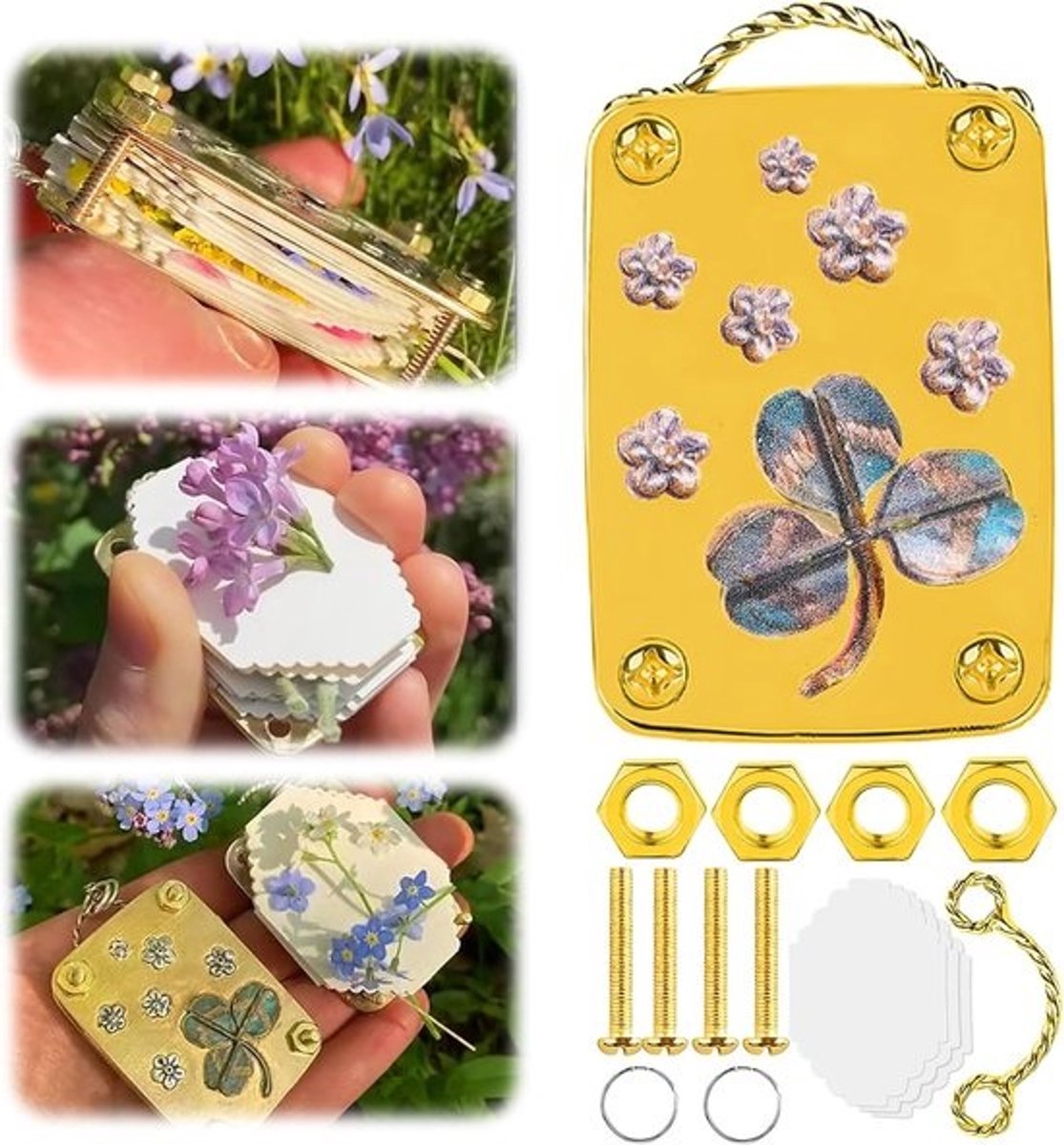 Bloemenpers - Plantenpers knutselset - Bloemen conserveren - Duurzaam metaal - 10 x 7 cm - Goud