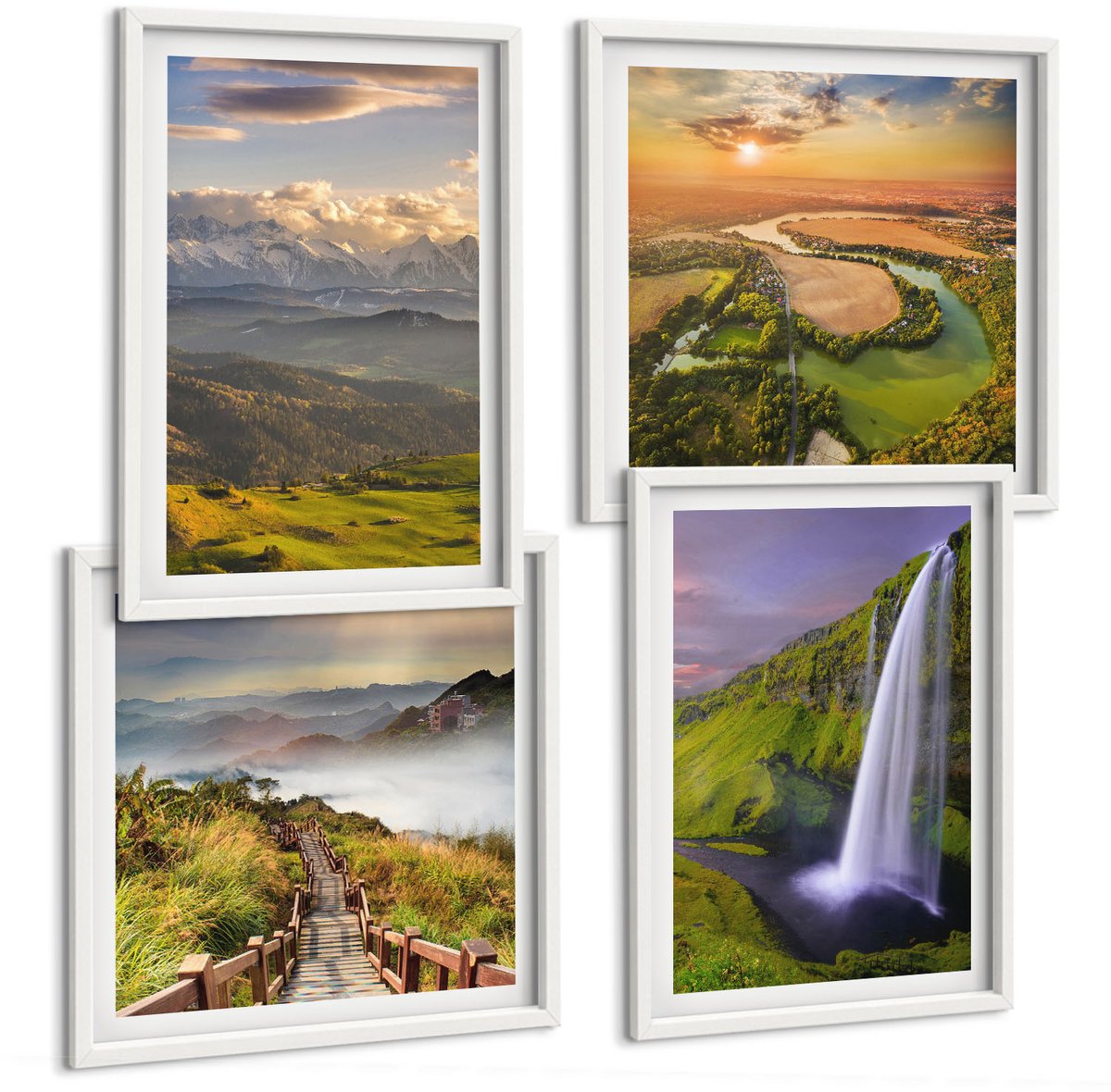 Wallfluent 4-Delige Schilderij Set - Uitzicht Op Een Bergrivier En Waterval In De Natuur. - 40 x 40 En 40 x 60 - Muurdecoratie - Wanddecoratie - Slaapkamer