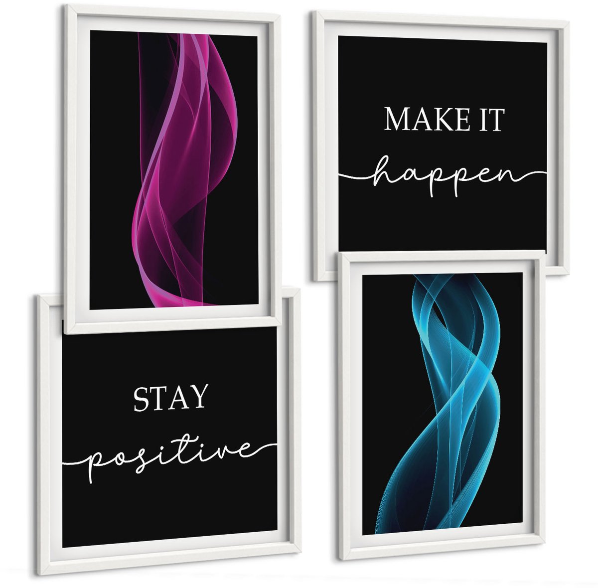 Wallfluent 4-Delige Schilderij Set - Golven Van Kleurrijke Neonlijnen Op Een Donkere Achtergrond - 40 x 40 En 40 x 60 - Wanddecoratie - Schilderijen Set - Kantoor - Stijlvolle Muurdecoratie