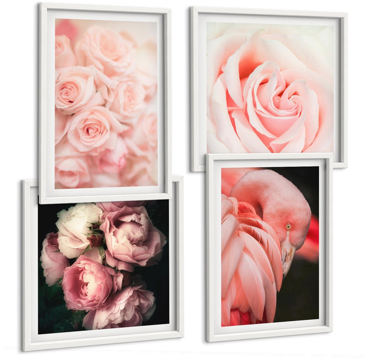 Wallfluent 4-Delige Schilderij Set - Pastelrozen En Flamingo'S In Delicate Tinten - 40 x 40 En 40 x 60 - Muurdecoratie - Wanddecoratie - Hal