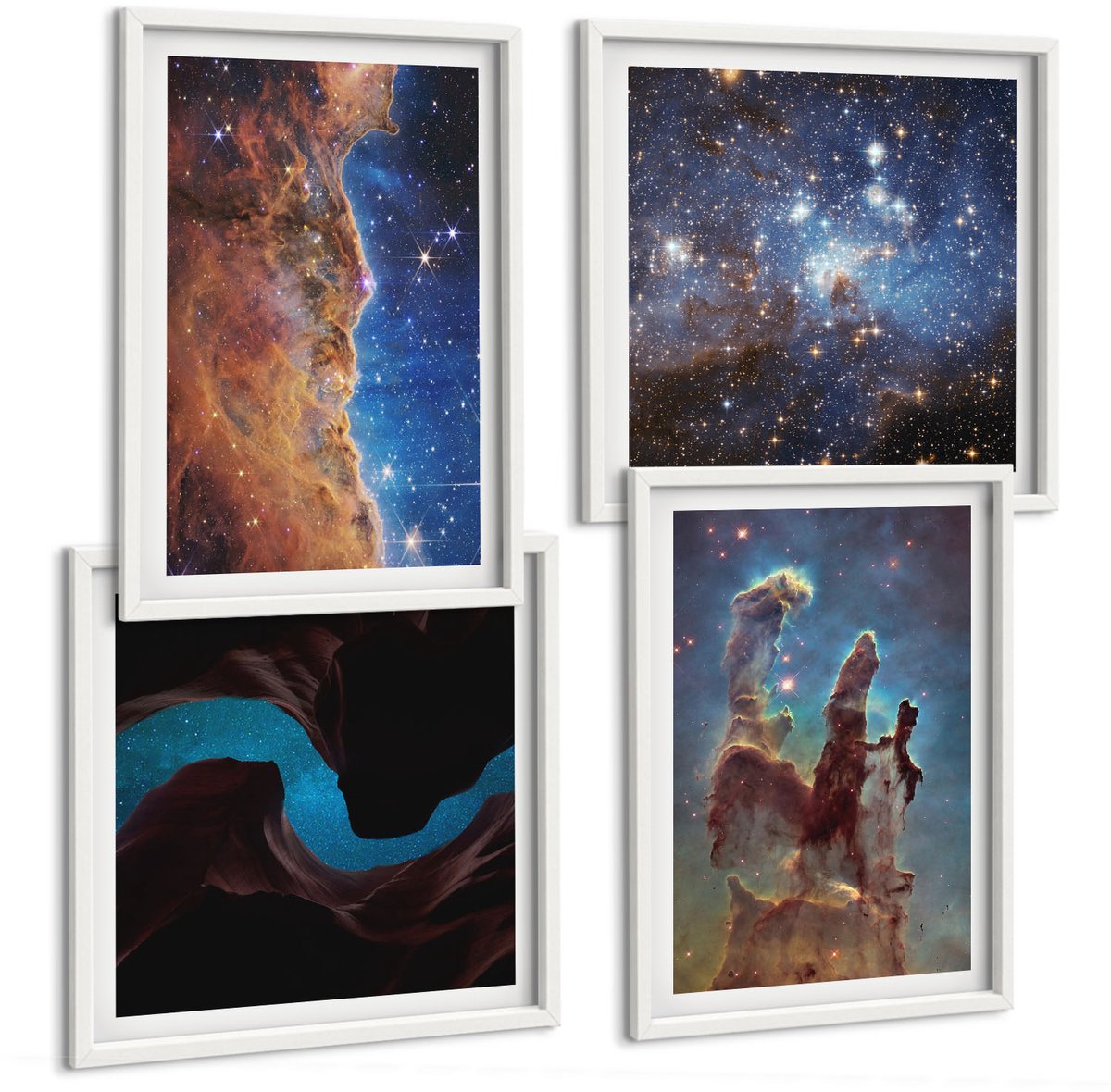 Wallfluent 4-Delige Schilderij Set - Ruimtelandschappen Met Sterrenstelsels En Nevels - 40 x 40 En 40 x 60 - Wanddecoratie - Muurdecoratie - Moderne Interieurdecoratie - Woonkamer Decoratie
