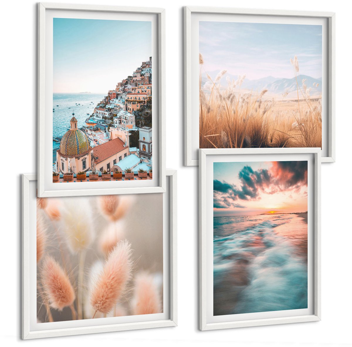 Wallfluent 4-Delige Schilderij Set - Uitzicht Op Zee, Zonsondergang, Kleurrijke Huizen, Bloemen - 40 x 40 En 40 x 60 - Wanddecoratie - Schilderijen Set - Interieur - Moderne Wanddecoratie