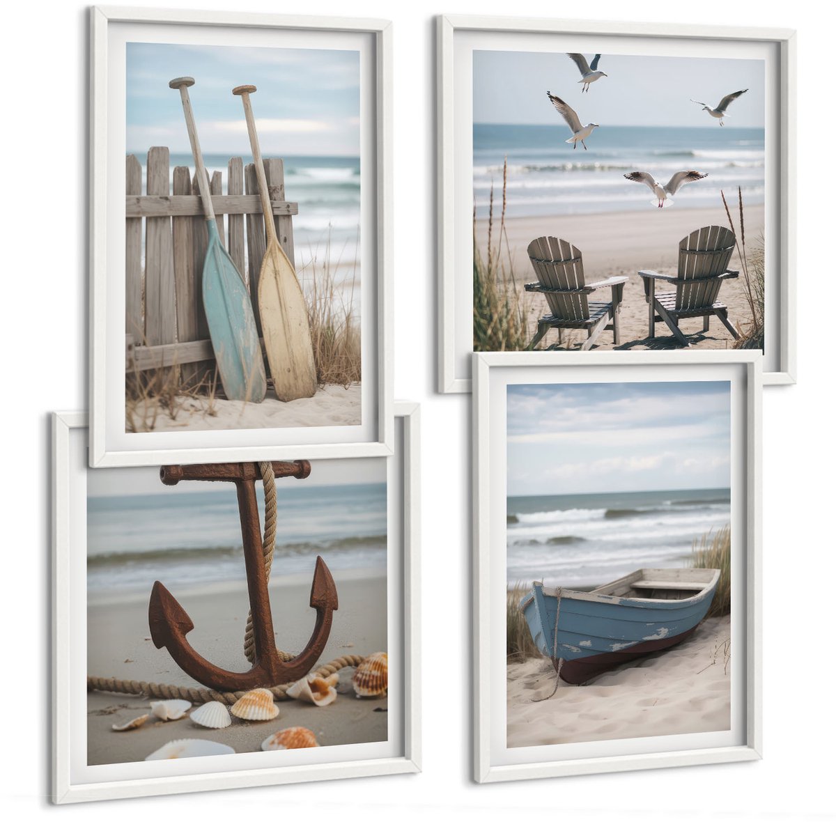 Wallfluent 4-Delige Schilderij Set - Zomerse Strandgezichten En Zeegezichten - 40 x 40 En 40 x 60 - Decoratieve Schilderijen - Wanddecoratie - Hal - Interieur Decoratie