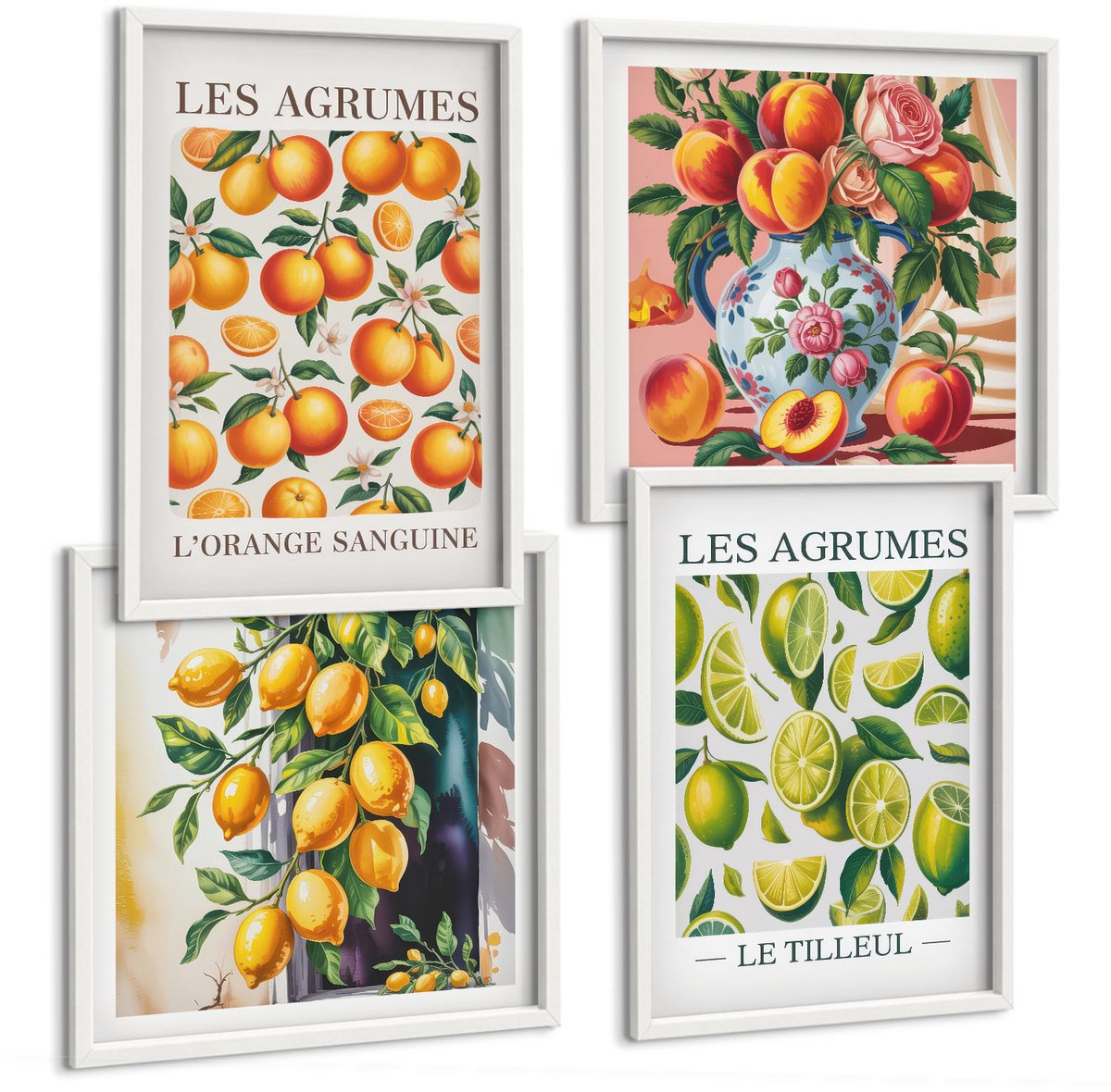 Wallfluent 4-Delige Schilderij Set - Citrusvruchten In Diverse Kleurrijke En Verse Varianten - 40 x 40 En 40 x 60 - Stijlvolle Wanddecoratie - Interieur - Moderne Wanddecoratie