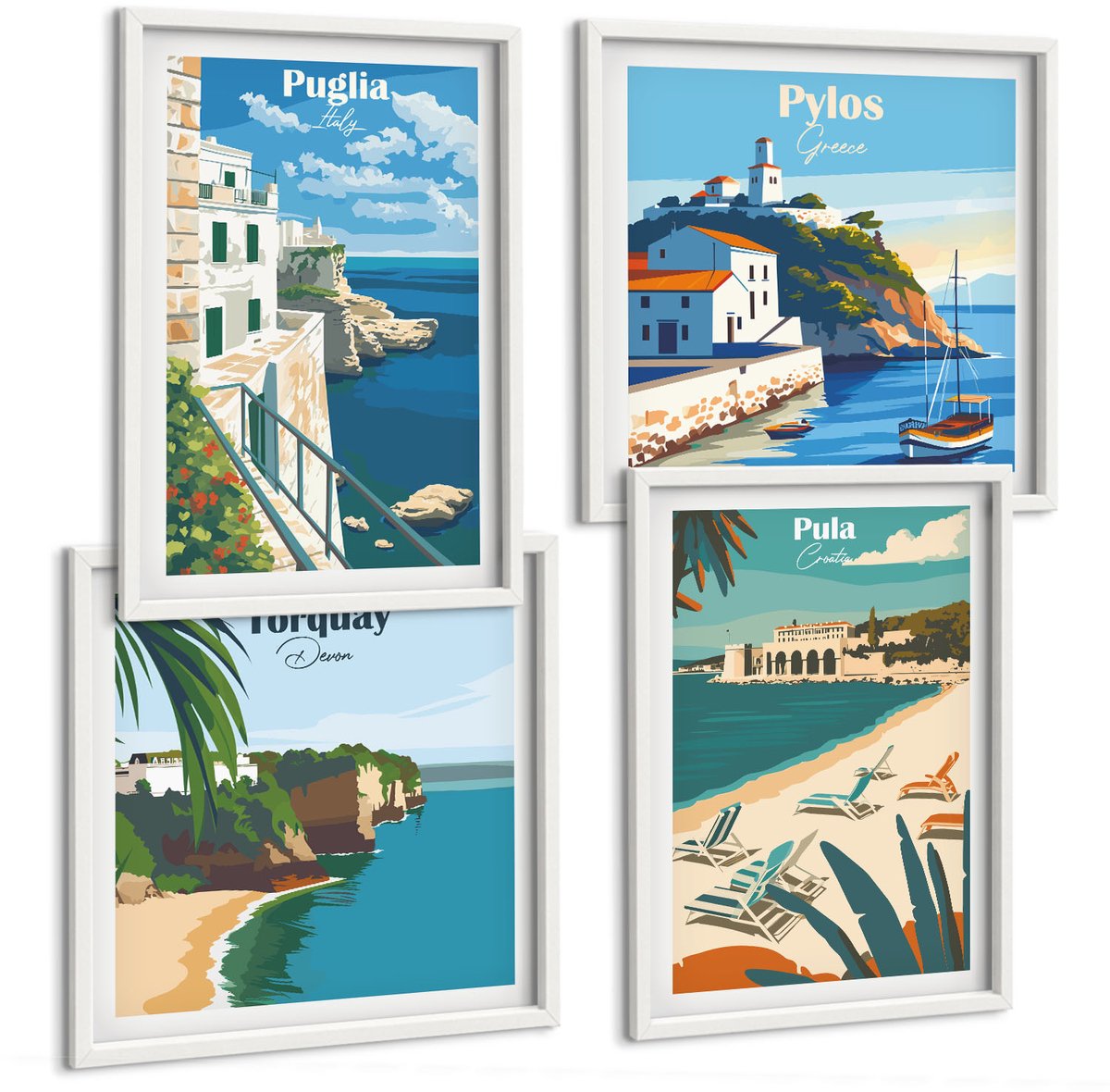 Wallfluent 4-Delige Schilderij Set - Schilderachtige Kustlandschappen Uit Toeristische Landen - 40 x 40 En 40 x 60 - Stijlvolle Muurdecoratie - Slaapkamer - Woonkamer Decoratie