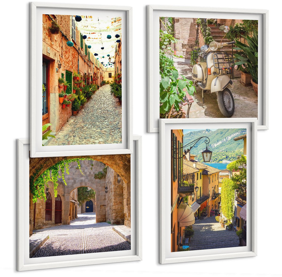 Wallfluent 4-Delige Schilderij Set - Sfeervolle Straatjes Met Planten En Italiaanse Pizza - 40 x 40 En 40 x 60 - Muurdecoratie - Wanddecoratie - Slaapkamer