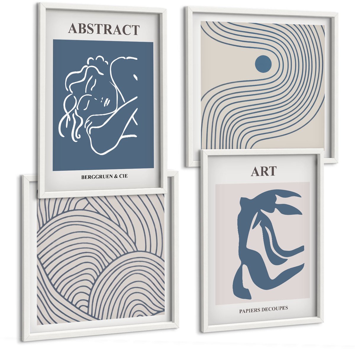 Wallfluent 4-Delige Schilderij Set - Abstracte Decoratieve Lijnen En Golfvormen Poster - 40 x 40 En 40 x 60 - Muurdecoratie - Interieur Decoratie