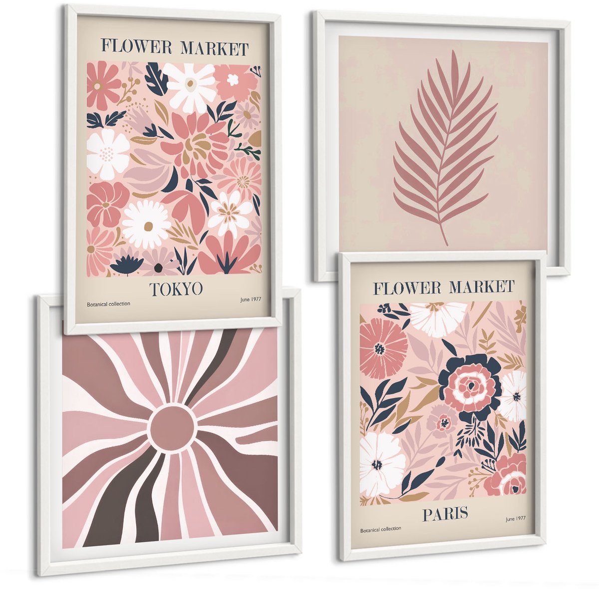 Wallfluent 4-Delige Schilderij Set - Bloemmotieven Met Bladeren En Geometrische Vormen - 40 x 40 En 40 x 60 - Moderne Wanddecoratie - Woonkamer - Interieur Decoratie