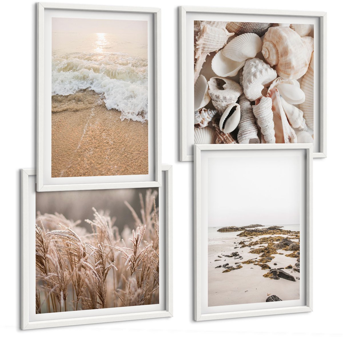Wallfluent 4-Delige Schilderij Set - Strandgras, Golven En Zeestenen, Boho - 40 x 40 En 40 x 60 - Wanddecoratie - Moderne Interieurdecoratie - Stijlvolle Muurdecoratie