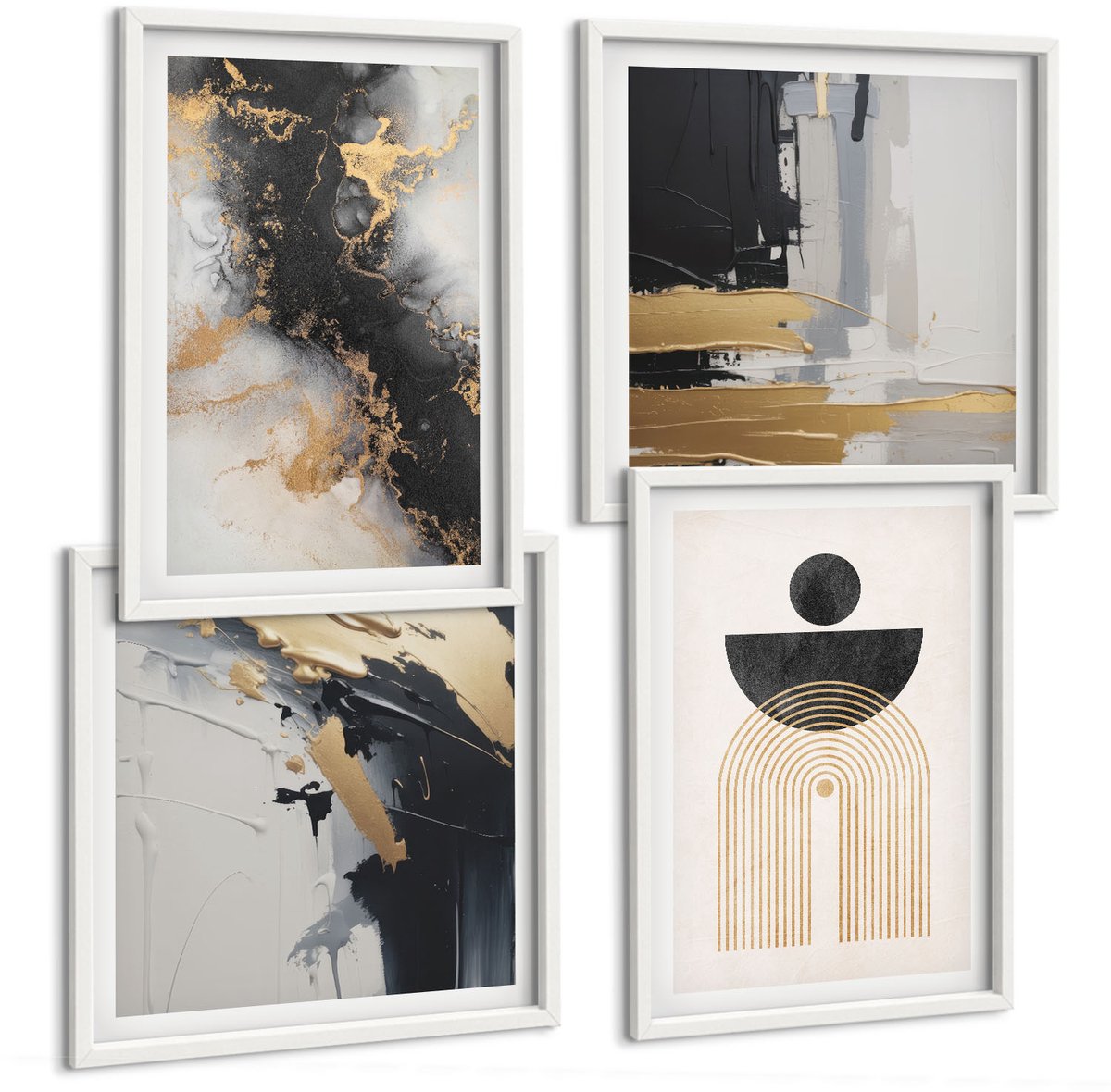 Wallfluent 4-Delige Schilderij Set - Geometrie En Abstractie: Elegante Compositie - 40 x 40 En 40 x 60 - Muurdecoratie - Interieur Decoratie - Stijlvolle Muurdecoratie