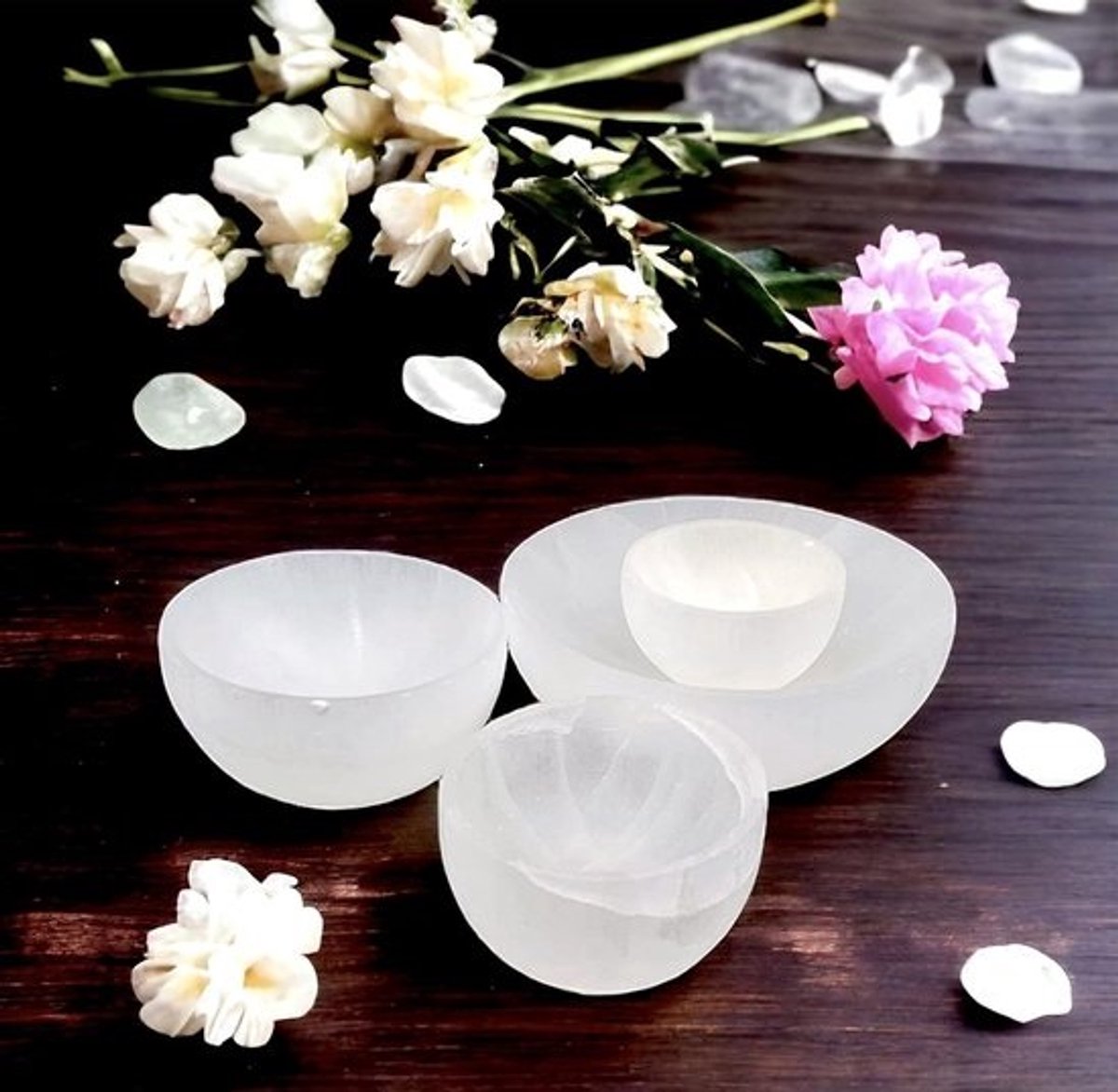 Seleniet Kom - Kristallen Schaal - Meditatie Decoratie - Handgemaakt Natuursteen - 6cm Diameter - Wit