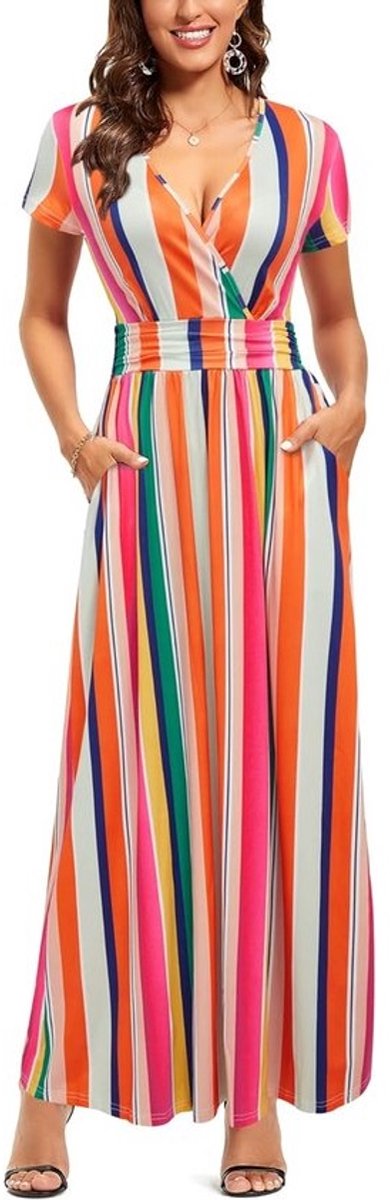 Zomerjurk met V-hals en korte mouwen - casual maxi jurk voor dames