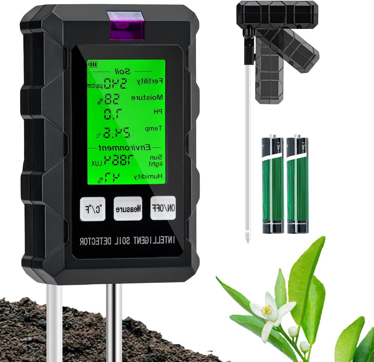 Bodemtester 6-in-1 - Plantenmeter Vochtigheid - Planten Verzorgen - HD LCD Scherm - 18 cm - Zwart