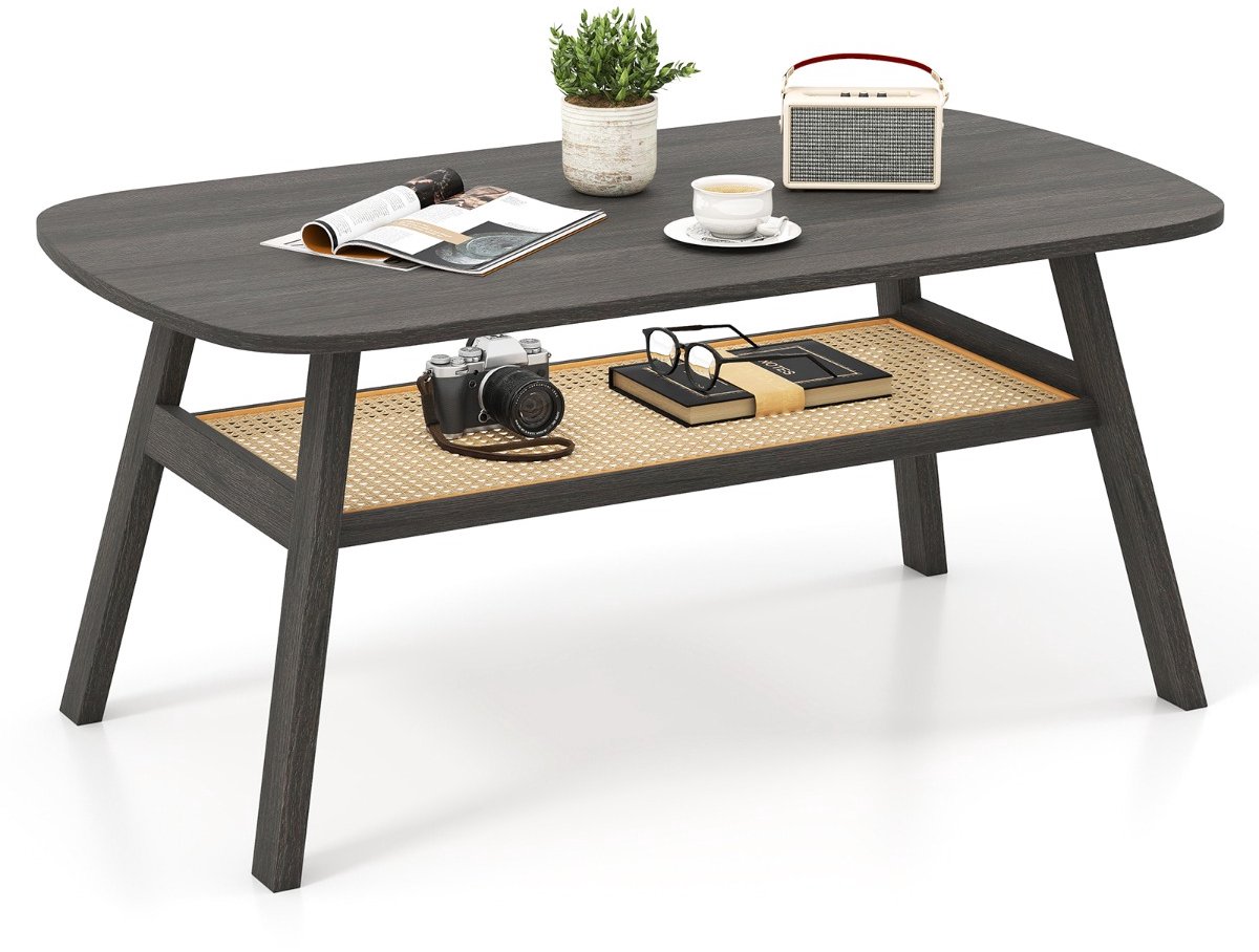 SureDeal® - Salontafel met Rotan Plank - 2 Niveaus - 100x55x44,5 cm - Hout & Rubberhout - Rustiek Donkergrijs