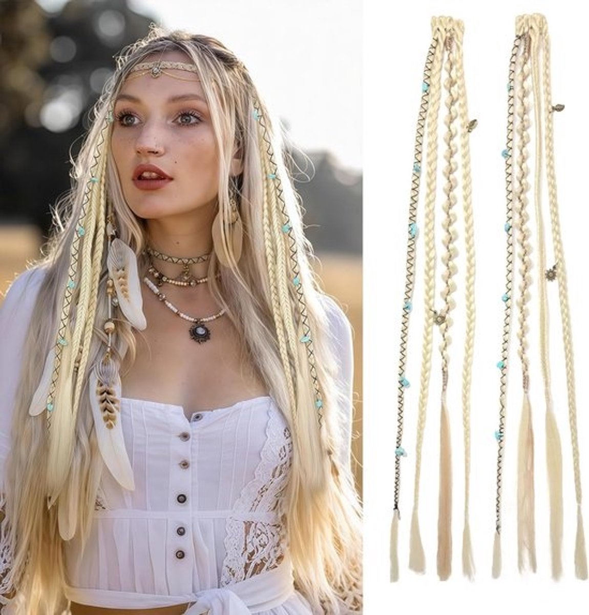 Bohemian Vlecht Haarstukken met Clips en Kralen - 16 Inch Synthetisch Haar