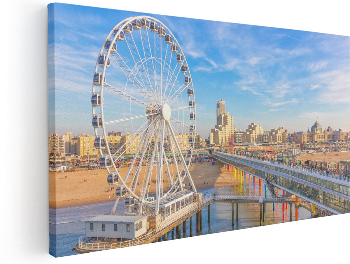 Artaza Canvas Schilderij Scheveningen Pier met de Ferris Wheel - Reuzenrad - 160x80 cm - Groot - Wanddecoratie Woonkamer - Schilderijen - Muurdecoratie