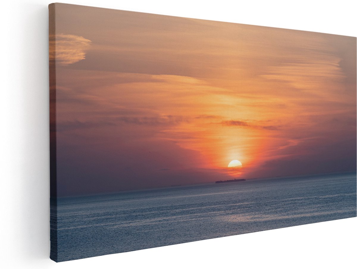 Artaza Canvas Schilderij Zonsondergang In De Noordzee - 160x80 cm - Groot - Wanddecoratie Woonkamer - Schilderijen - Muurdecoratie