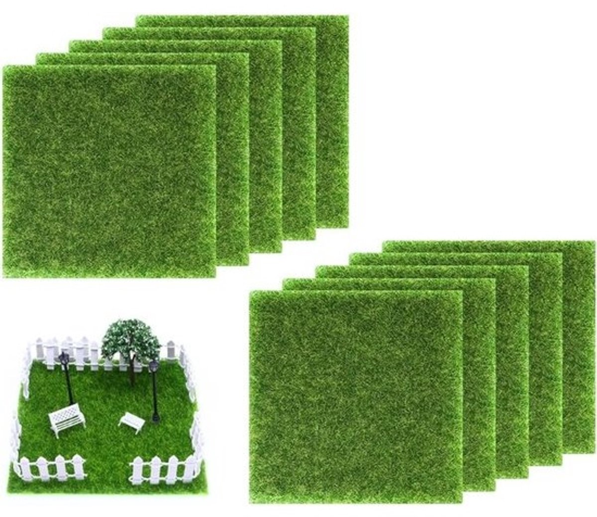 Kunstgras Gazon - Miniatuur Mos - Decoratieve Tuin - Realistisch Uiterlijk - 10 Stuks 15x15cm - Groen