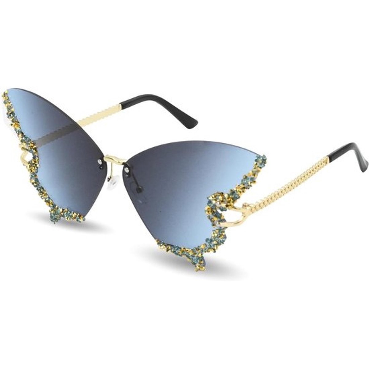 Glamoureuze Zonnebril Vlinder Montuur met Glitterstenen - Blauw Grijs Gradient Lenzen 70mm
