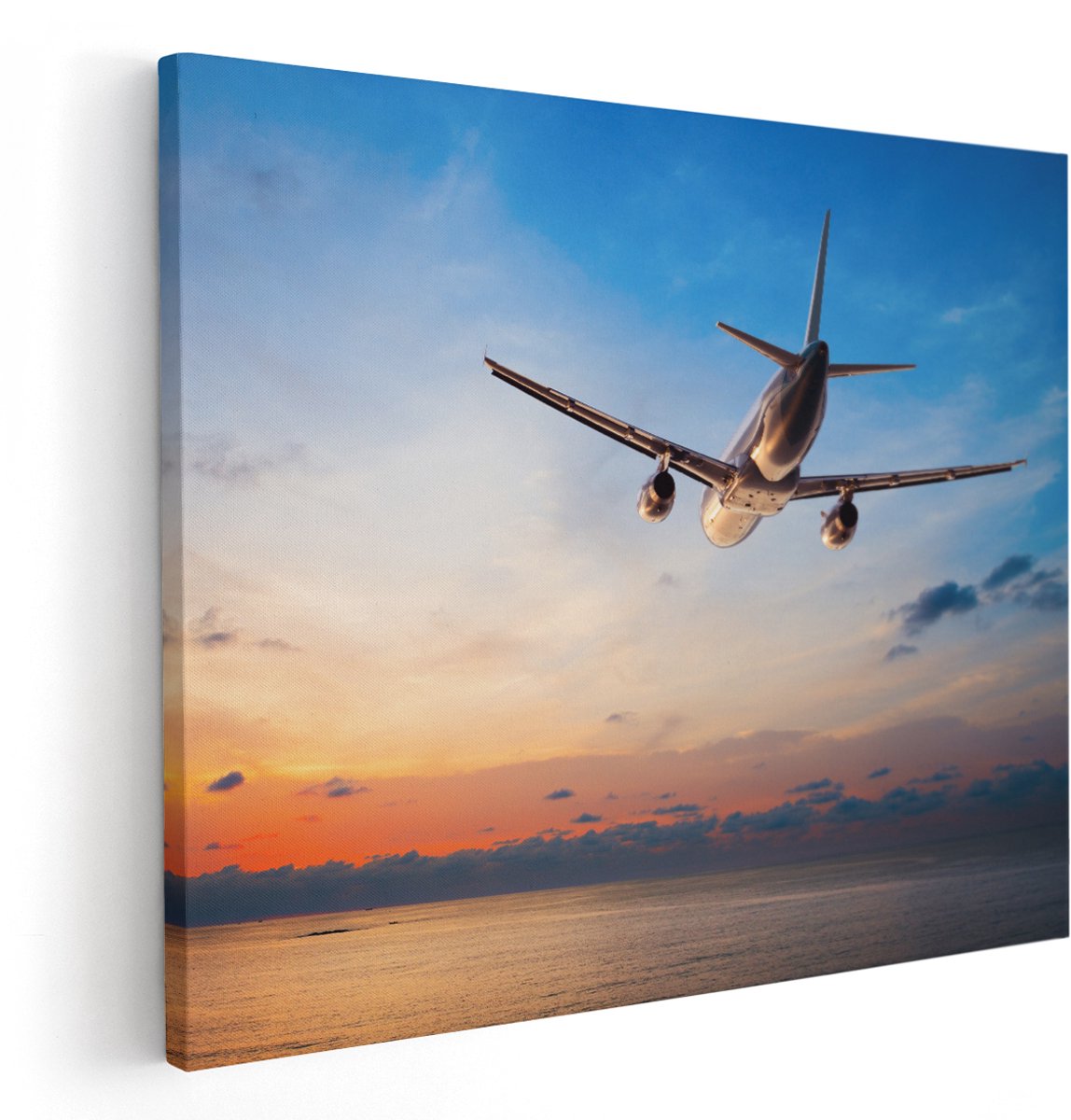 Artaza Canvas Schilderij Vliegtuig Boven De Zee Bij Zonsondergang - 150x120 cm - Groot - Wanddecoratie Woonkamer - Schilderijen - Muurdecoratie