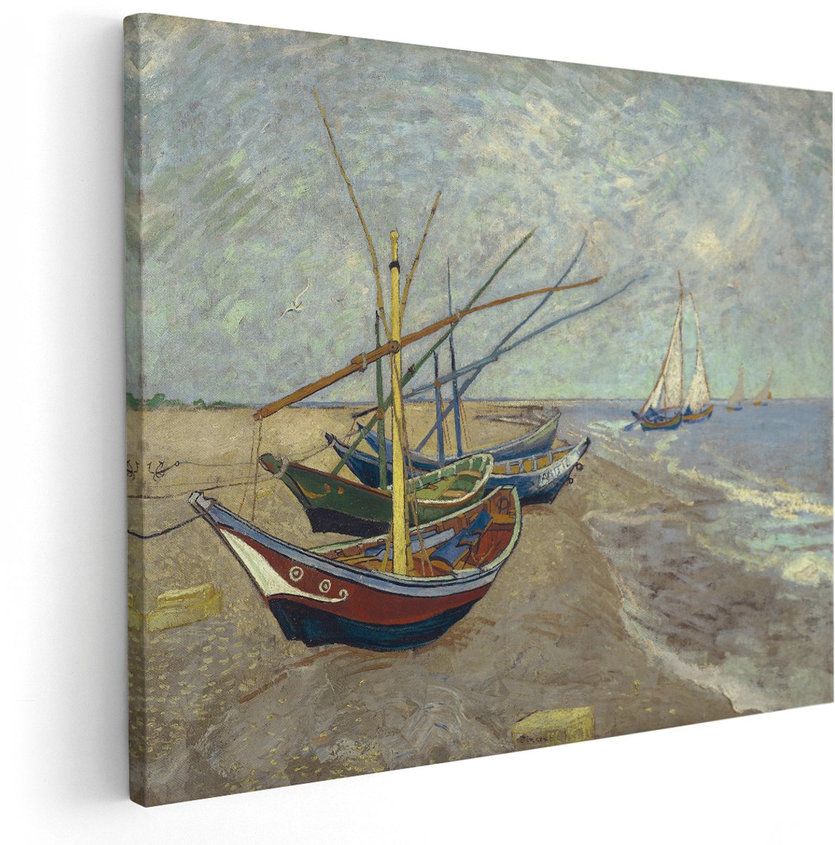 Artaza Canvas Schilderij Vissersboten op het Strand van Les-Saintes-Maries-De-La-Mer - Vincent van Gogh - 150x120 cm - Groot - Kunst - Wanddecoratie