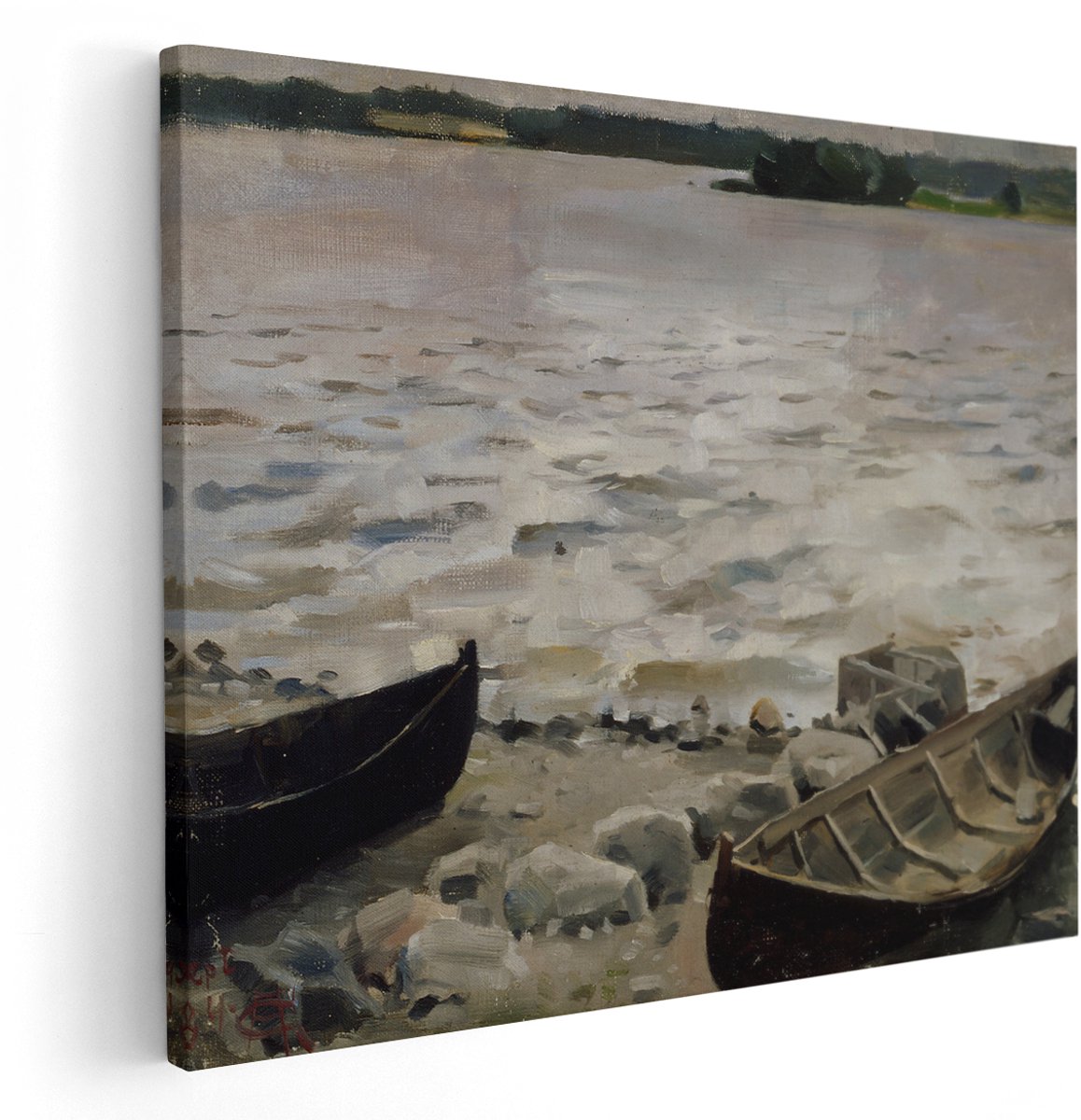Artaza Canvas Schilderij Landschap - 150x120 cm - Groot - Wanddecoratie Natuur - Muurdecoratie Boten Aan Het Water - Klassiek Olieverfschilderij