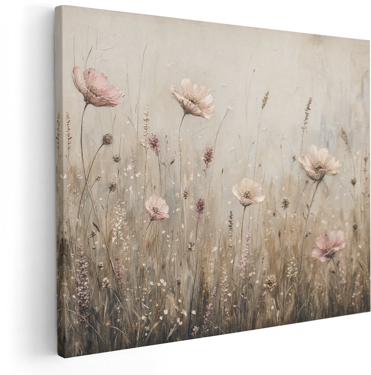 Artaza Canvas Schilderij Roze Bloemen In Beige Velden - Kunst - 150x120 cm - Groot - Wanddecoratie Woonkamer - Schilderijen - Muurdecoratie