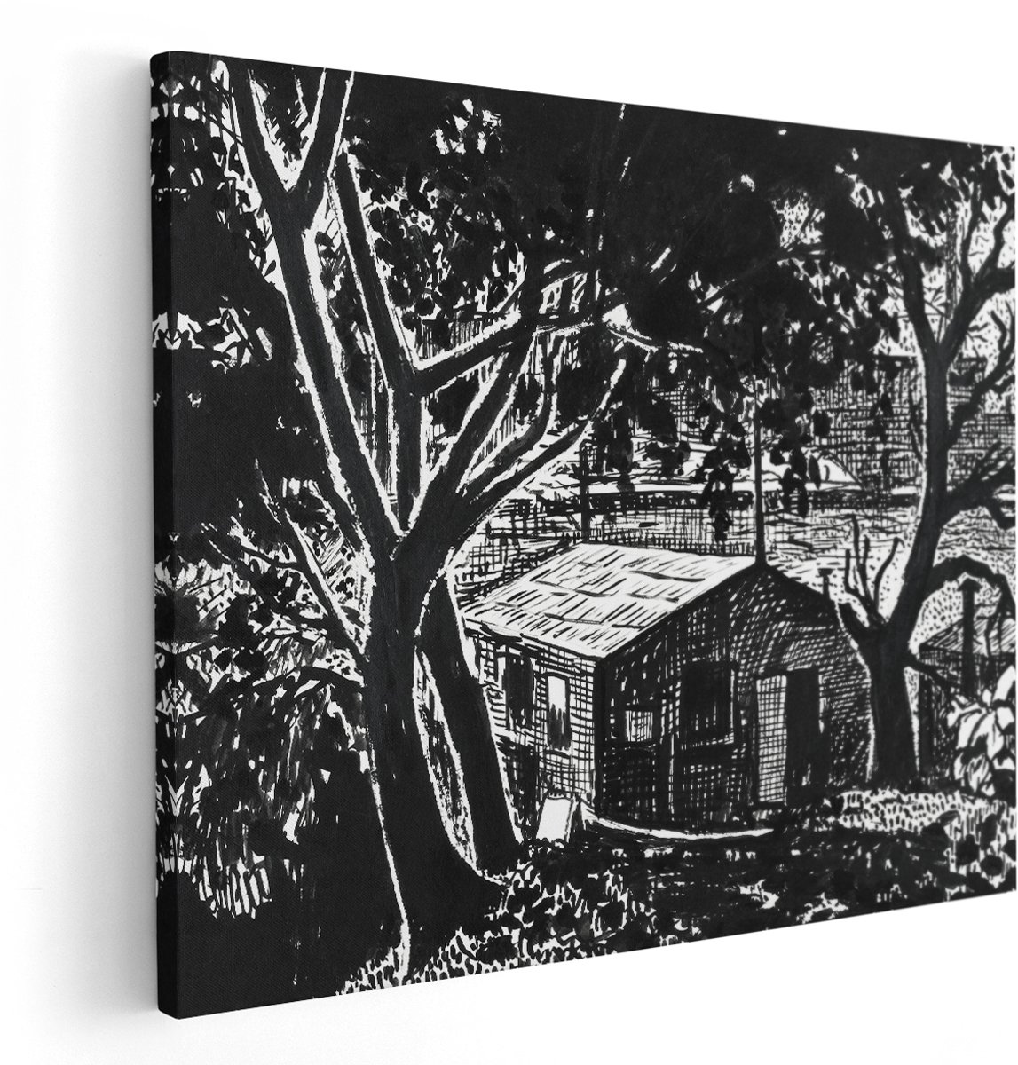 Artaza Canvas Schilderij Zwart Wit Landschap - 150x120 cm - Groot - Wanddecoratie Huisje Tussen Bomen - Muurdecoratie Bos - Decoratie Natuur