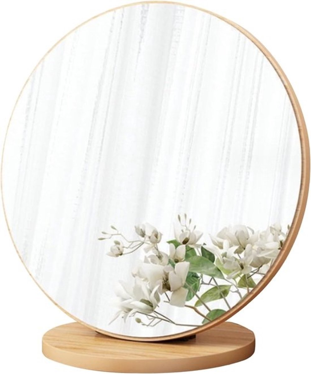 Ronde Make-upspiegel - Tafelspiegel - Dagelijkse Verzorging - 90° Draaibaar - 30 cm - Natuurlijk Hout