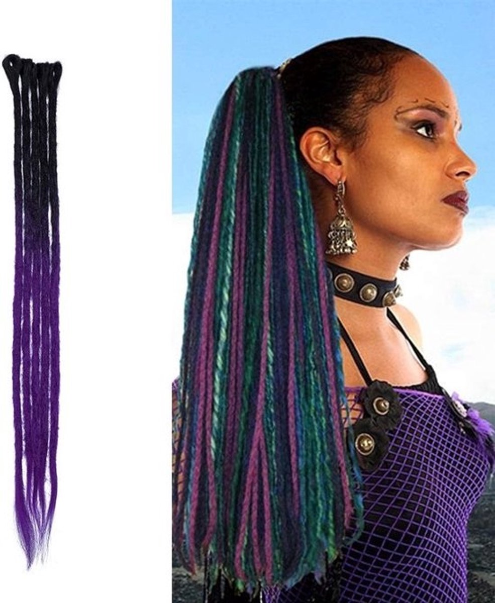 Dreadlocks hairextensies van synthetisch haar, handgemaakte hairextensions in zwart naar paars, 5 strengen van 24 inch (60 cm)