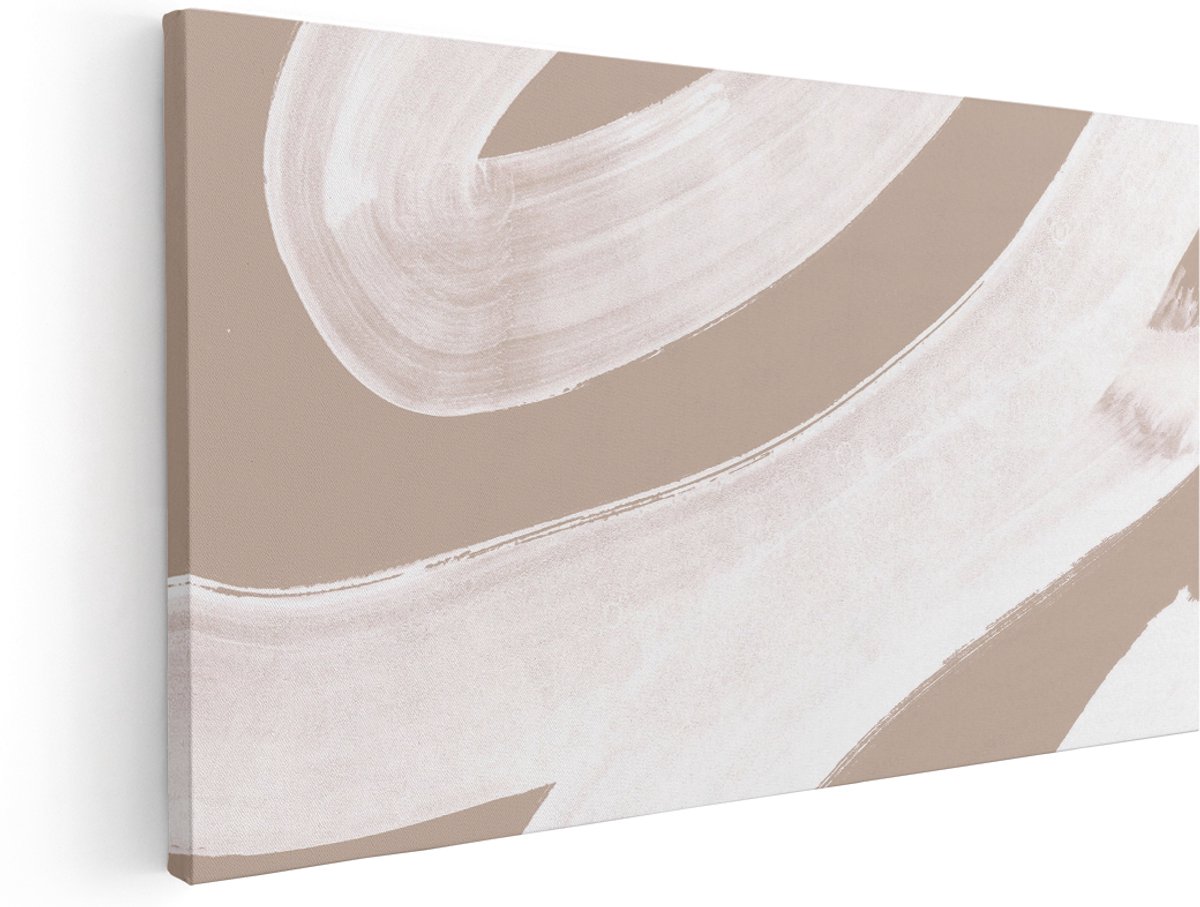 Artaza Canvas Schilderij Abstracte Kunst - Witte Strepen op Beige - 140x70 cm - Groot - Wanddecoratie Woonkamer - Schilderijen - Muurdecoratie
