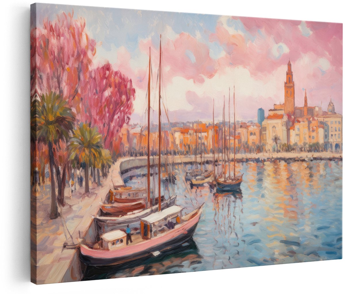 Artaza Canvas Schilderij Haven - 150x100 cm - Groot - Wanddecoratie Zeilboten - Muurdecoratie Mediterrane Stad - Decoratie Roze Zonsondergang