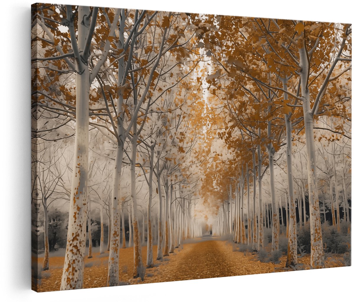 Artaza Canvas Schilderij Weg Omzoomd met Bomen in de Herfst - Landschap - 150x100 cm - Groot - Wanddecoratie Woonkamer - Schilderijen - Muurdecoratie